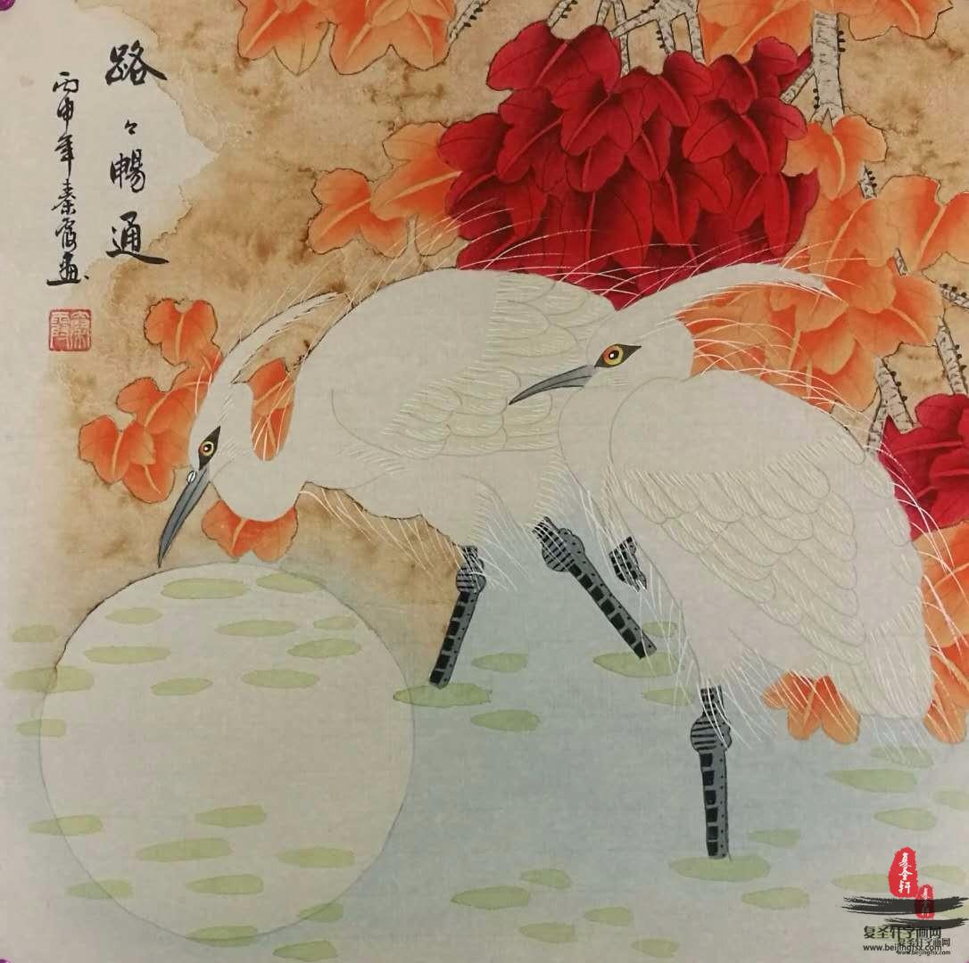 秦霞花鸟《玉兰双雀》-复圣轩字画