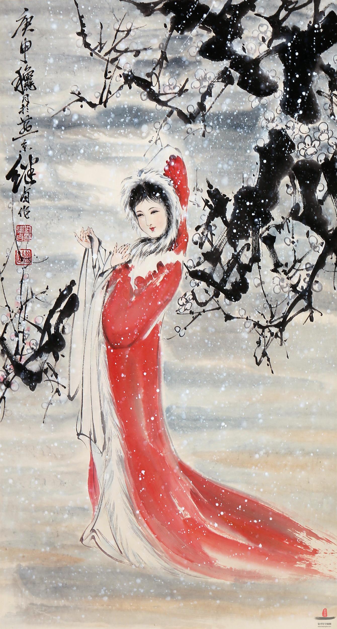 F25511 中国美術 劉繼() 「美人画(女性図)」掛軸 工芸 彩色 人物画 中国