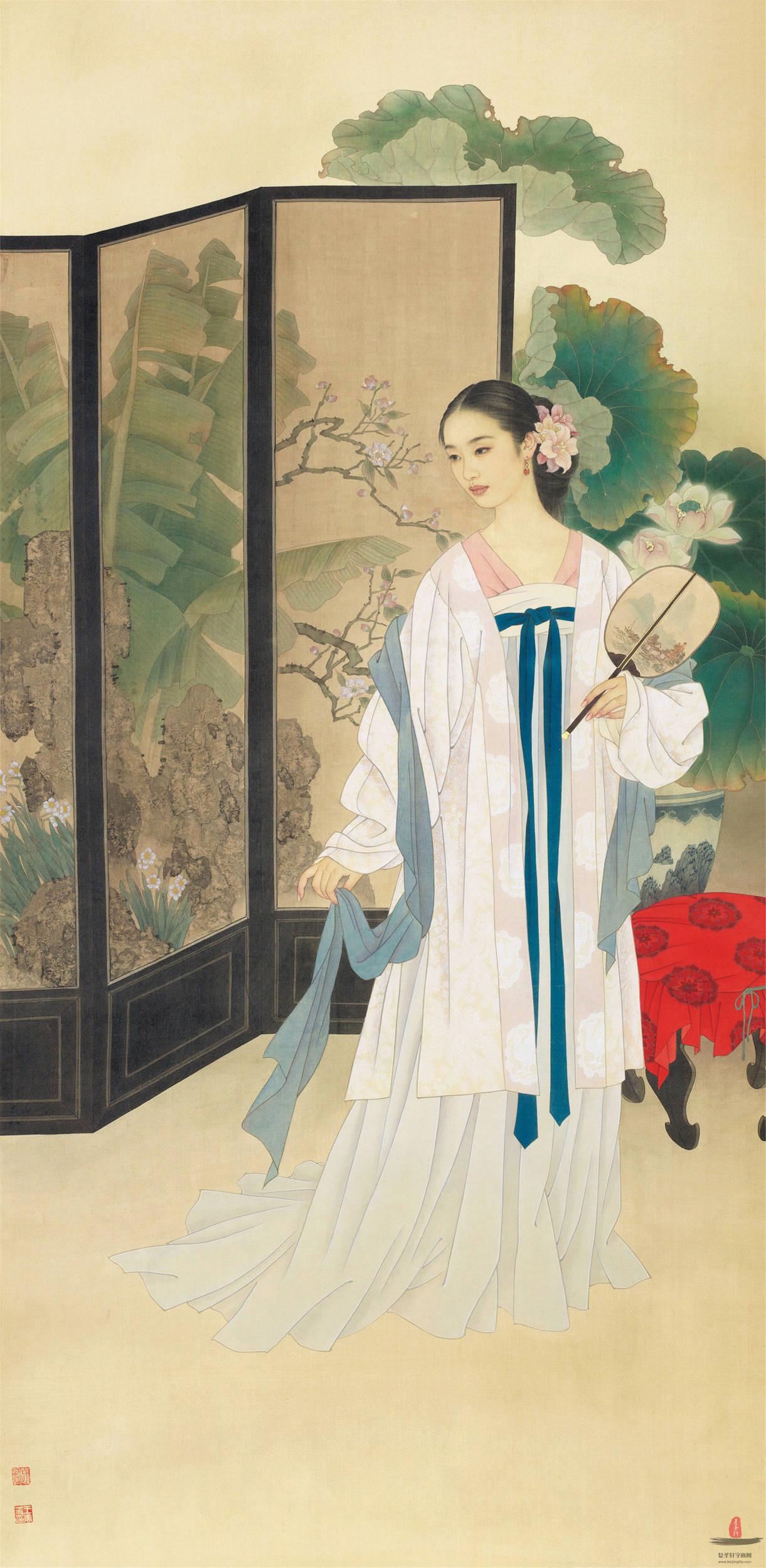 中国古美術・仕女図三尺画芯・純手描き・工筆・彩色画・仇英印款・書道・宣紙・带水印 中国古美術・仕女図三尺画芯・純手描き・工筆・彩色画・仇英印款・書道