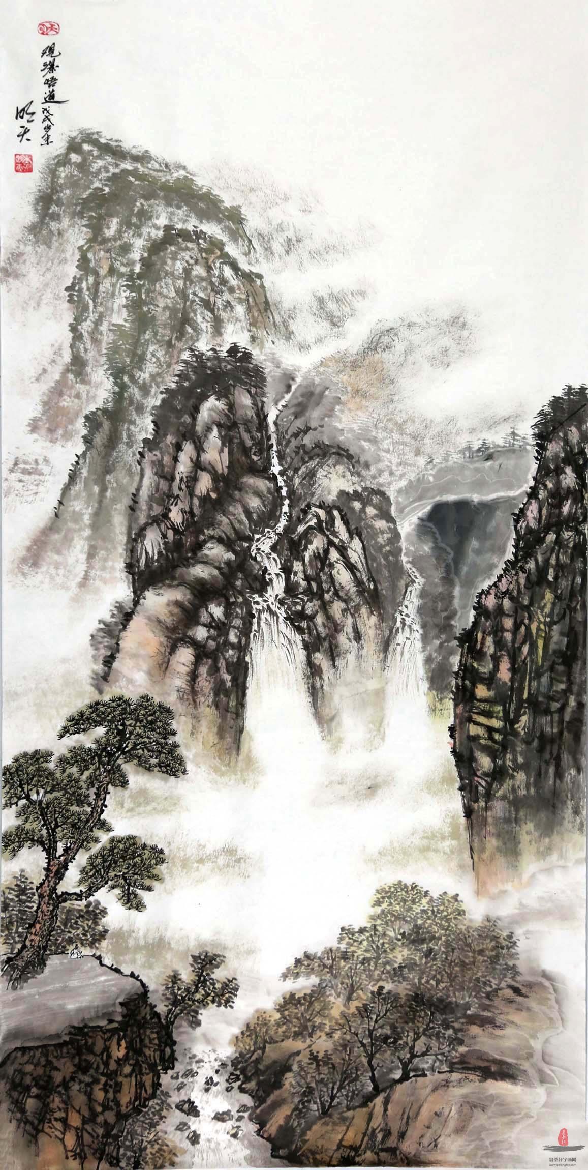 李明天山水《桥上赏景》-复圣轩字画